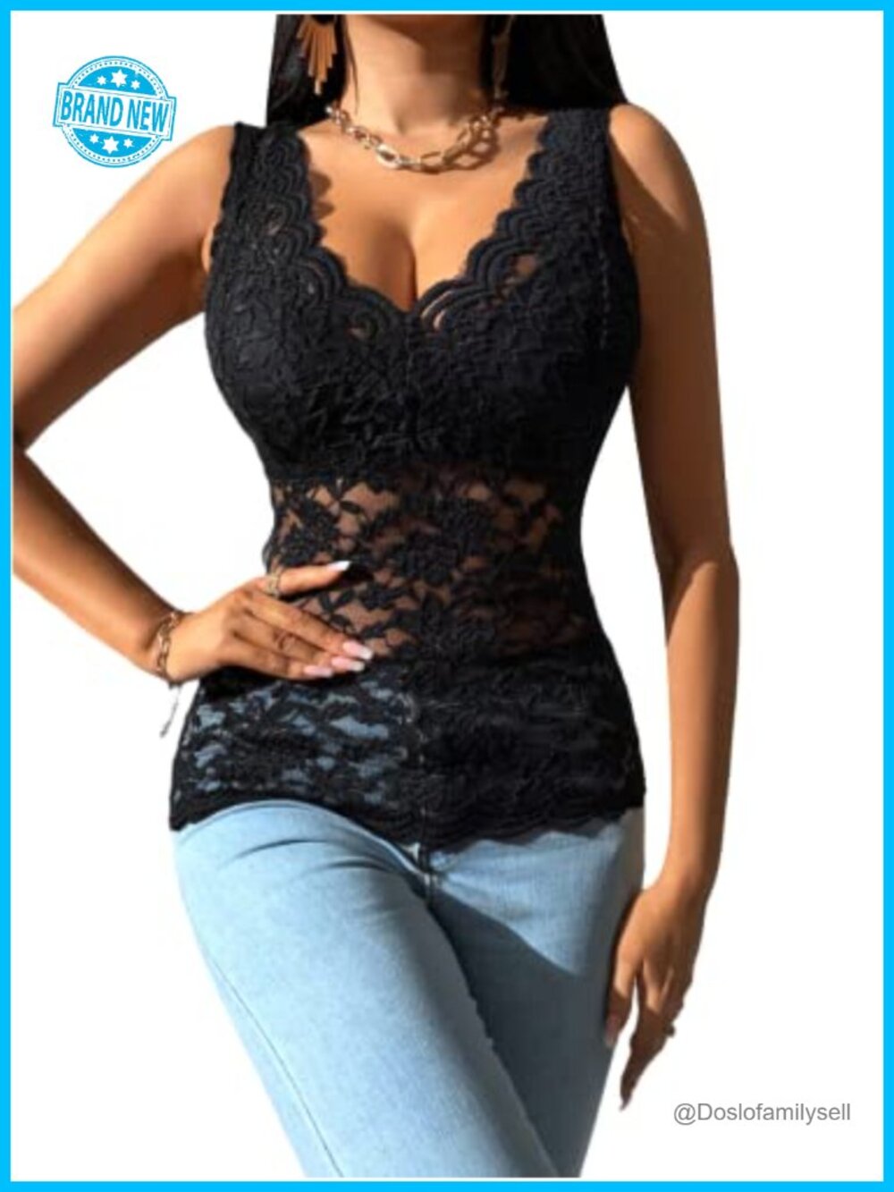 Sleeveless Mesh Floral Lace Scallop V Neck Tank Top Backless Slim Fit